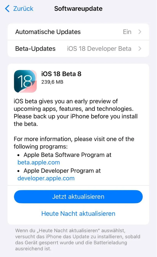 竹溪苹果手机维修分享苹果 iOS / iPadOS 18 开发者预览版 Beta 8 发布 